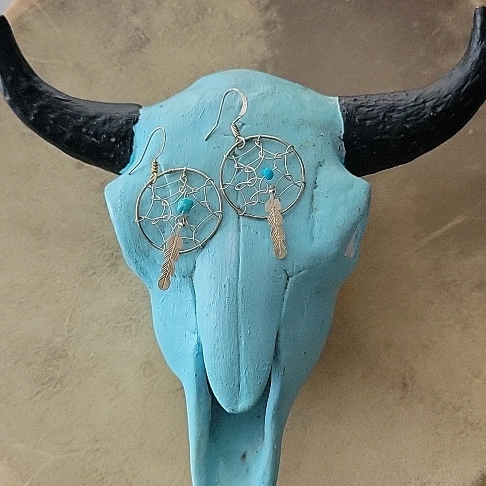 Sterling Silver & Turquoise Dreamcatcher Earrings Southwestern Boho Western